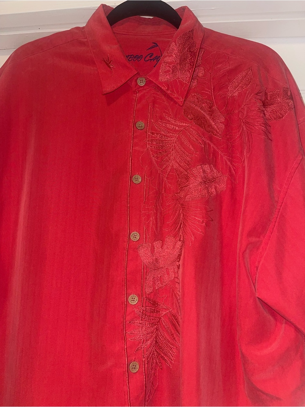 BAMBOO Red Short-Sleeve Button-Down Shirt with Tonal Embroidery